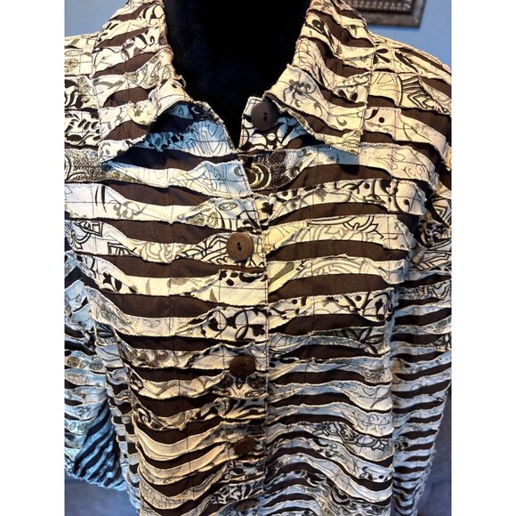 Life Style Woman Button-Up Jacket Earth Tones Striped Pattern Blouse Dressy Glam - Picture 2 of 9